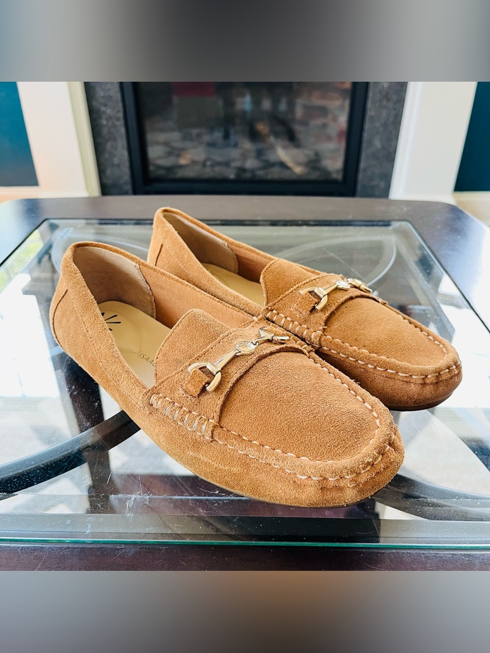 Sz 7.5 Isaac Mizrahi Live! Womens Brown Round Toe Suede Slip On Moccasin Shoes